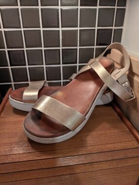 Mia Gold Leather Platform Sandals,9